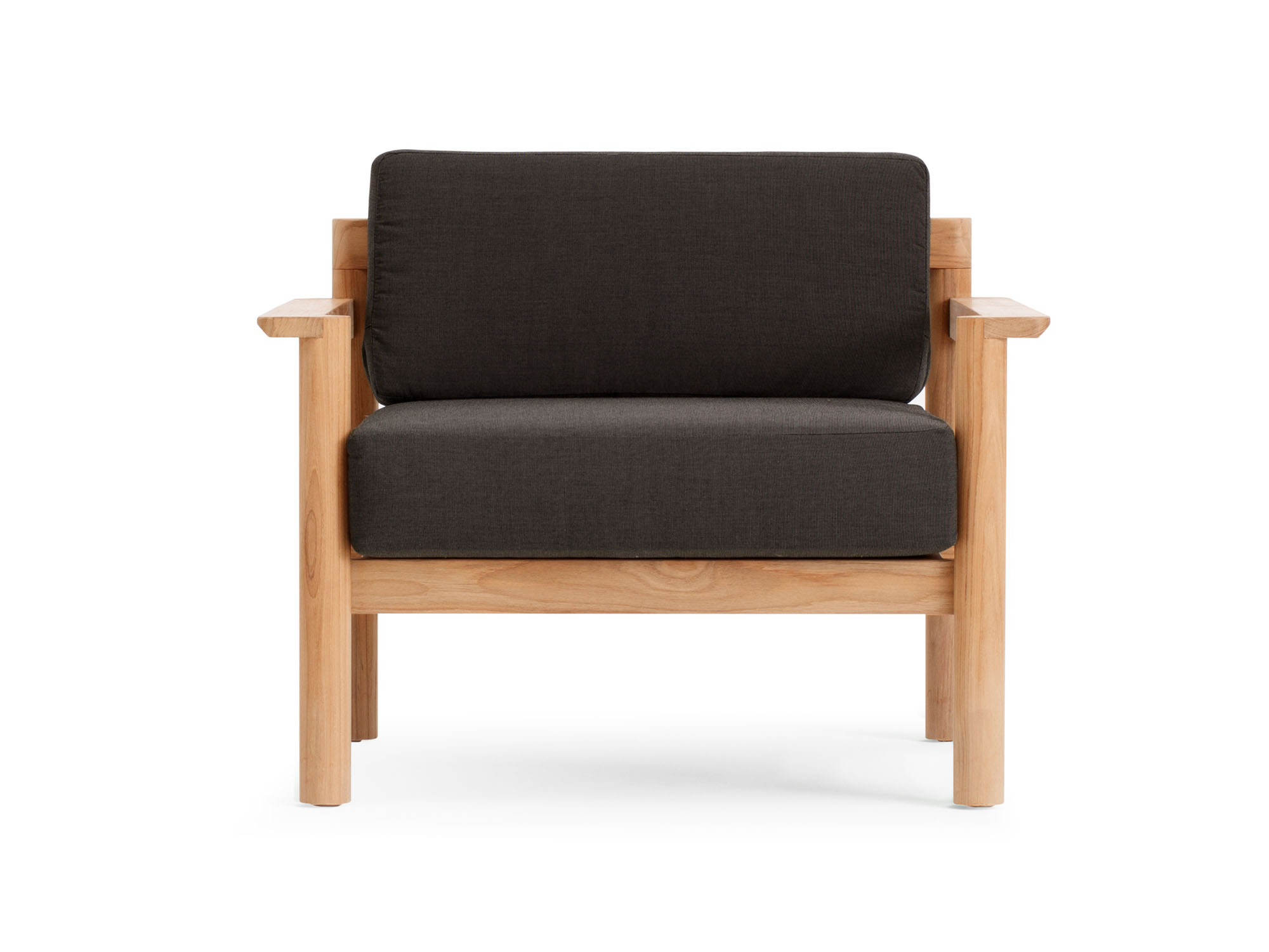 Front view of outdoor chair with black cushions and wood legs